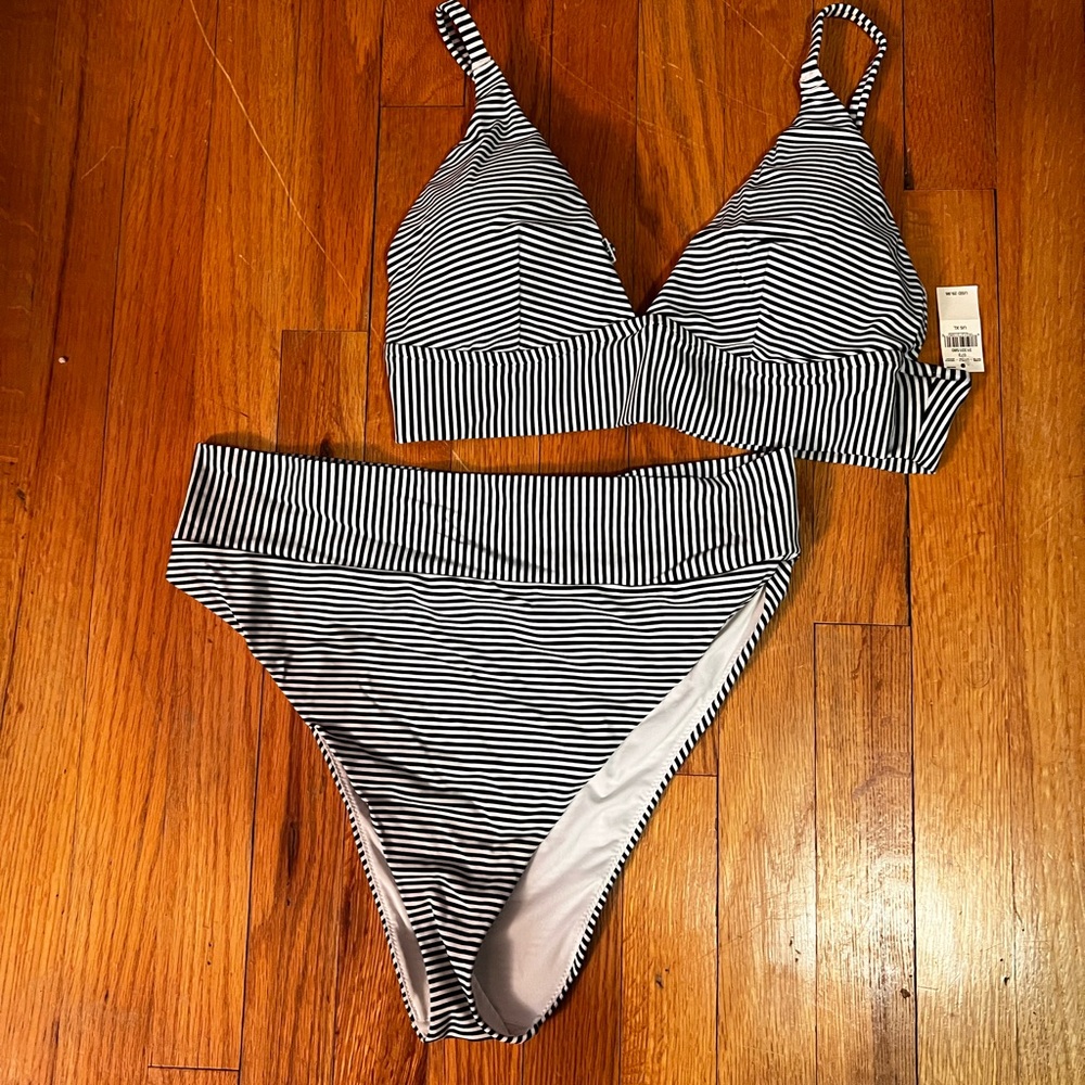 Aerie Black and White Striped Bikini Set